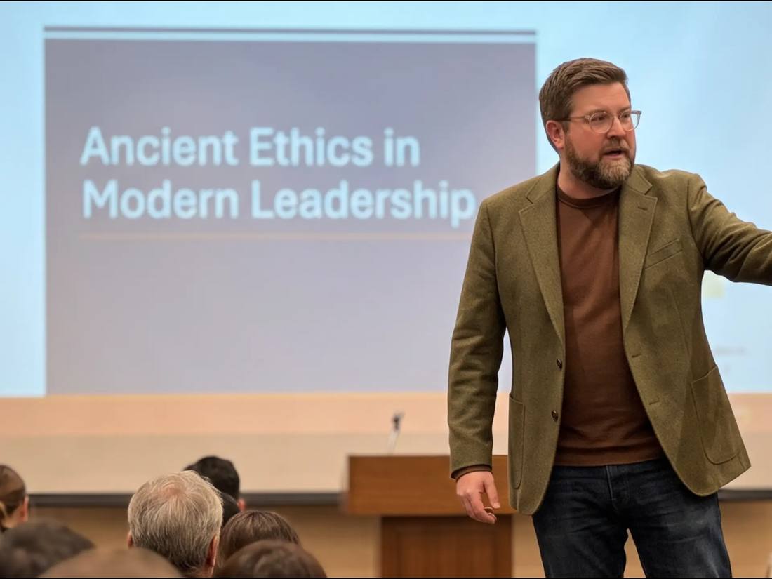 Tanner O. Campbell leading a corporate workshop on ancient ethics in modern leadership